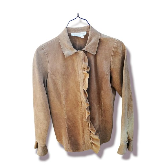 Margaret Godfrey Jackets & Blazers - Margaret Godfrey Leather Suede Jacket  Size 4P Beige Leather Ruffle Snap Up Coat